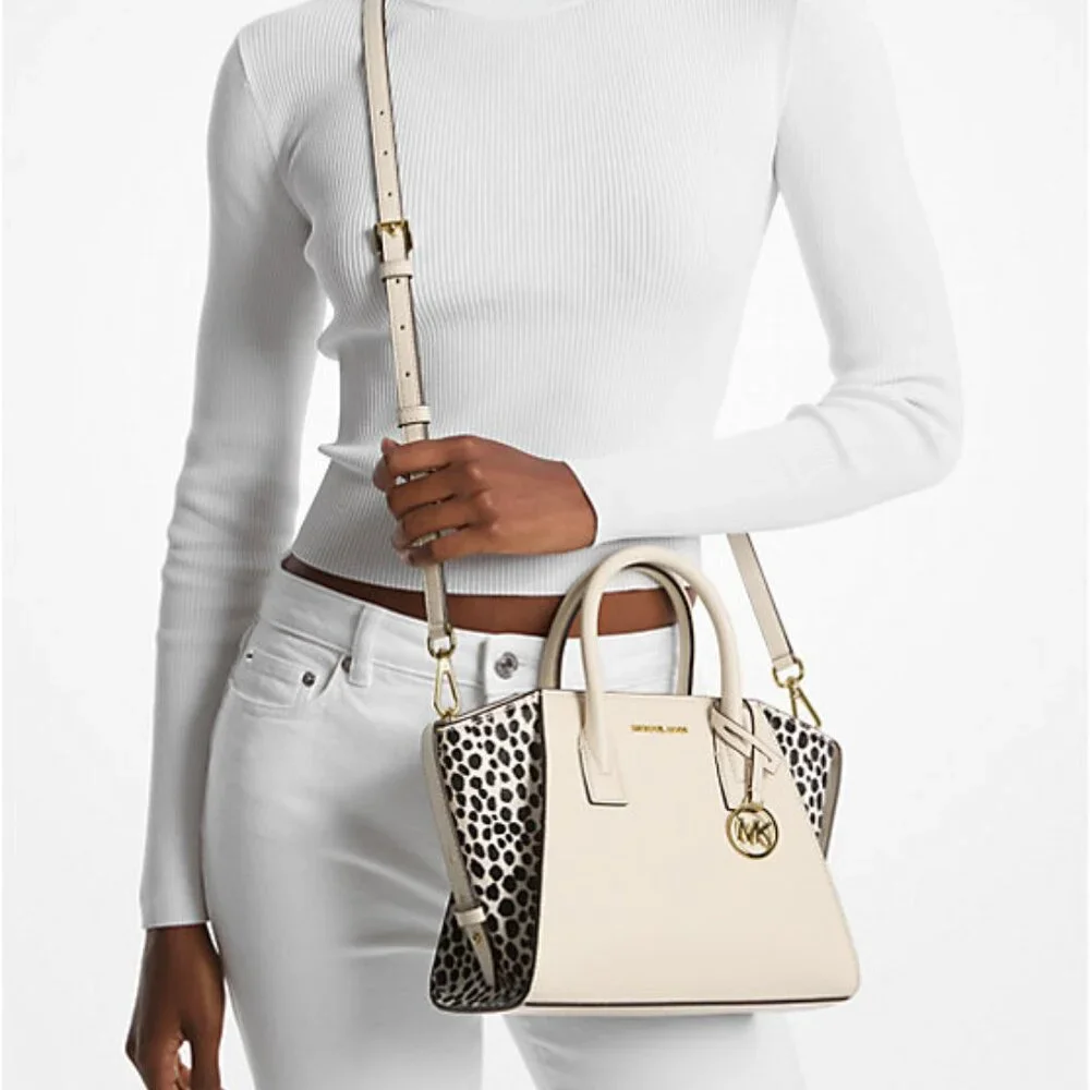 Michael Kors Avril Small Leather and Cheetah Print Calf‎ Hair Satchel